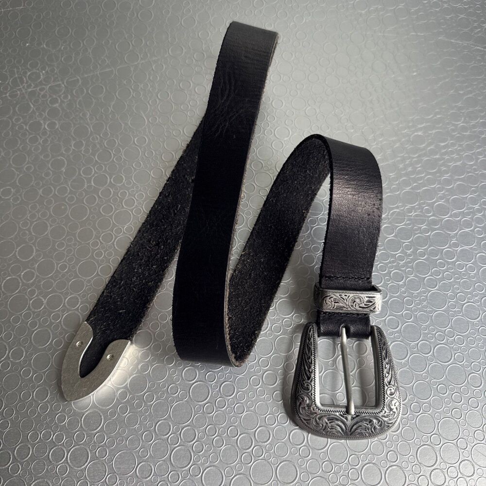 Urban Outfitters Black Leather Western Belt Engraved 3 Piece Buckle Set - Size S